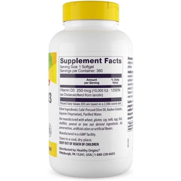 Vitamina D3 10,000 IU 360 Softgels Healthy Origins Importada - Image 2